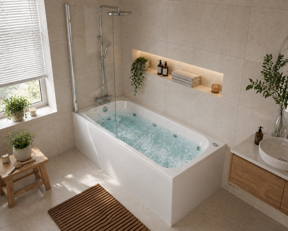 Sunlit whirlpool bath with plants, towels, and toiletries in a modern tiled bathroom.