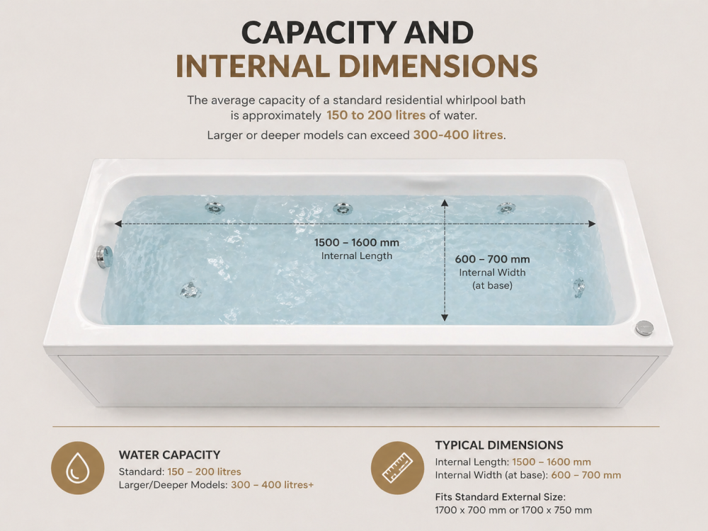 Whirlpool bath dimensions diagram showing size, capacity, and layout for bathroom planning.