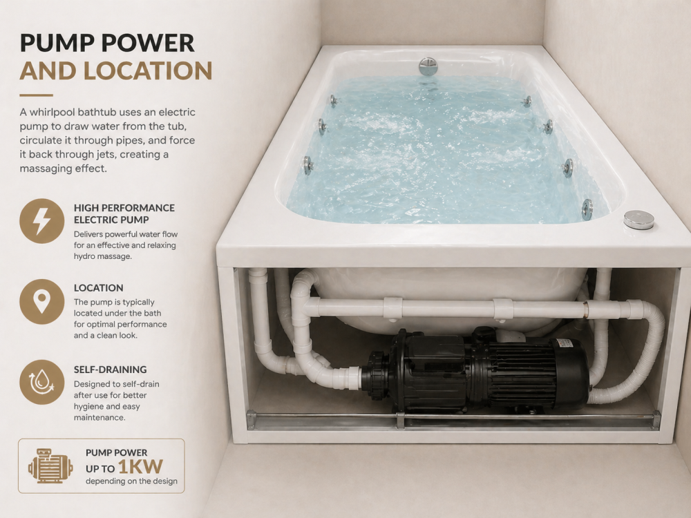 Whirlpool bath system diagram showing pump location, power, and water circulation process.