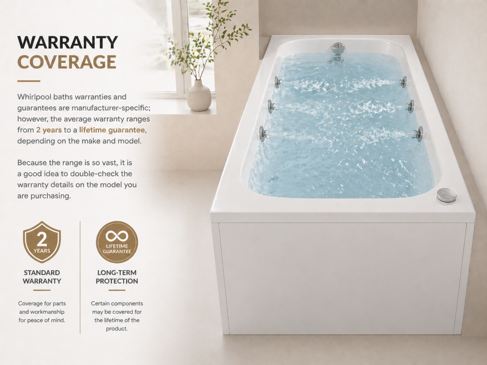Whirlpool bath warranty diagram outlining coverage, protection, and product guarantees.