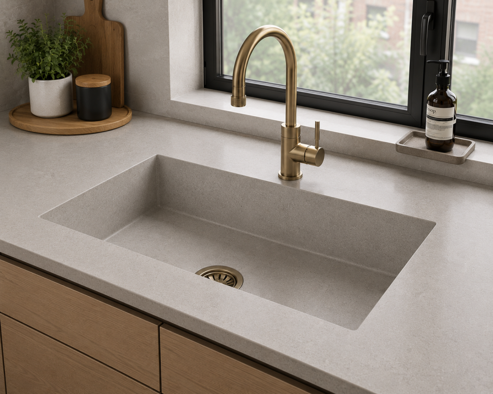 Gold kitchen tap over light grey countertop sink with soap dispenser and small indoor plant.