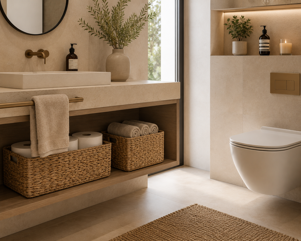 Bathroom featuring a toilet, sink, and woven basket storage under the sink, with neutral-colored walls and tiled flooring
