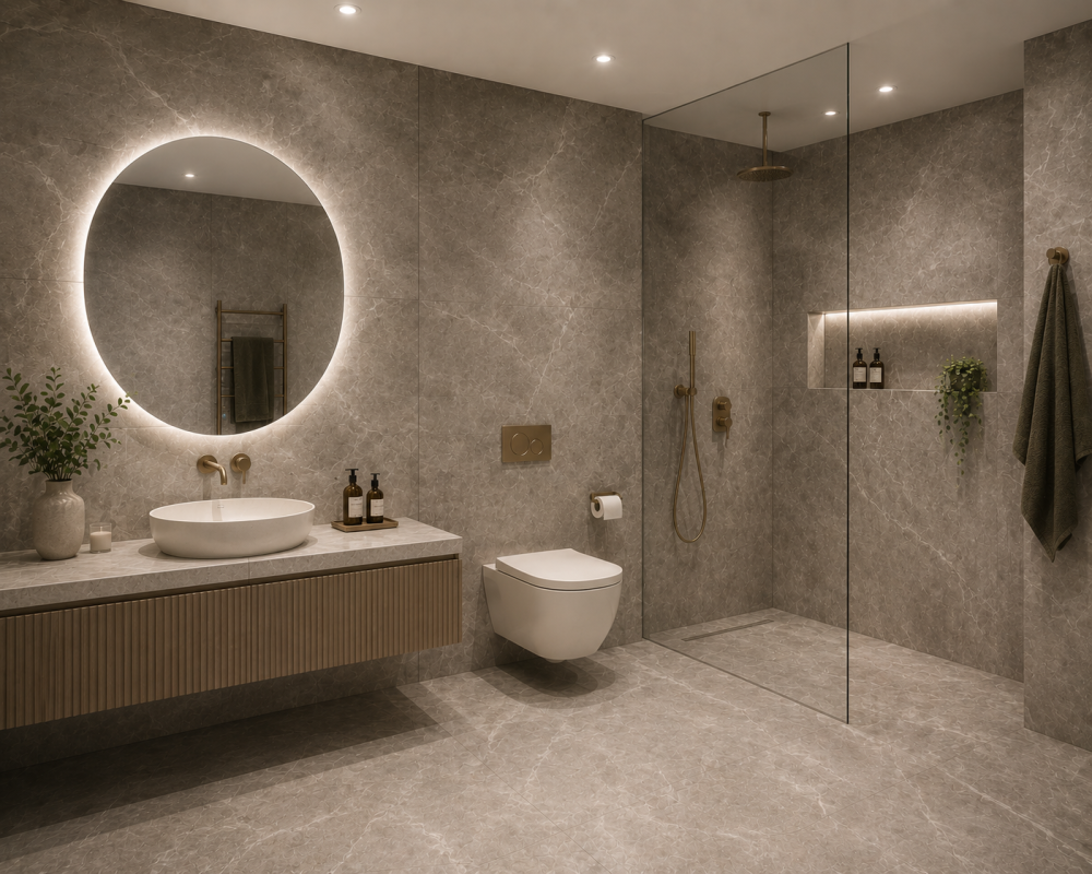 Grey marble bathroom with floating vanity, wall-hung toilet, illuminated mirror, and glass shower screen.