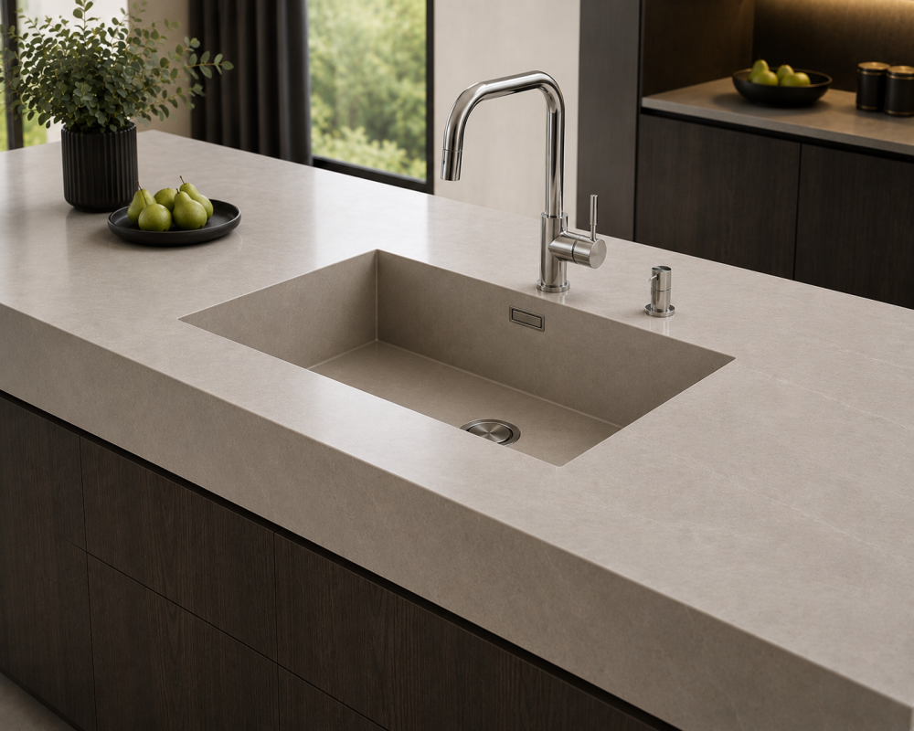 Chrome kitchen tap over stone countertop sink with bowl of pears and indoor plant in fresh kitchen space.