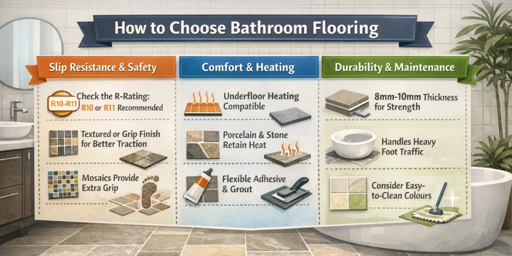 Infographic on choosing bathroom flooring covering slip resistance, underfloor heating compatibility, durability, and easy maintenance