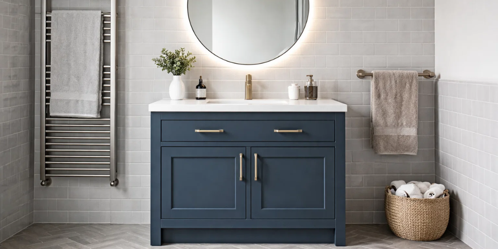 Bathroom with navy blue vanity, round backlit mirror, white vase, soap dispenser, and PVC wall panelling in neutral tones for a serene look.