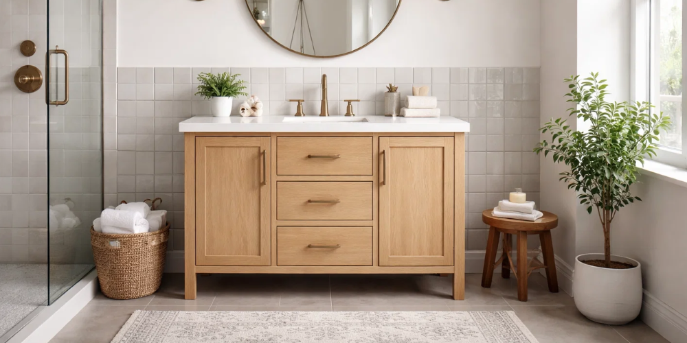 Bathroom with wooden vanity, white countertop, round mirror, potted plant, wicker basket, and PVC wall panelling in neutral tones for a calm, natural feel.