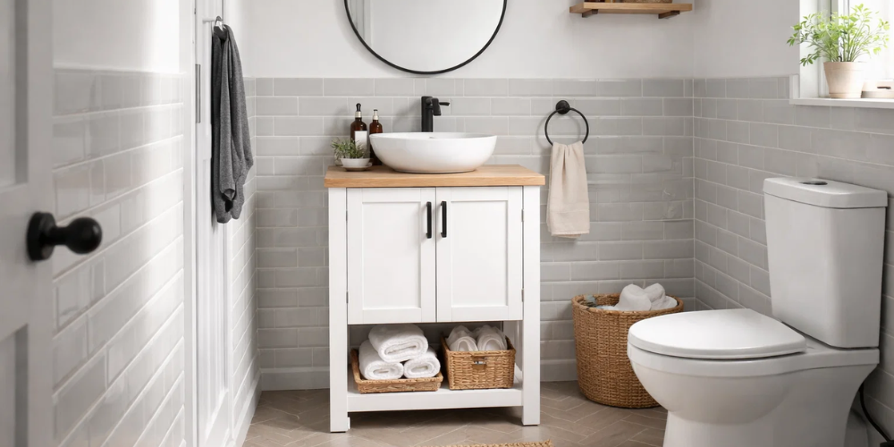 Bright bathroom with round mirror, white vanity, vessel basin, neatly stacked towels, and smooth PVC wall panelling for a clean finish.