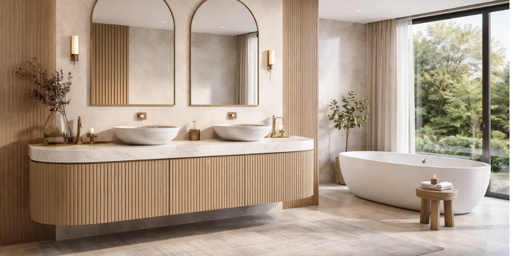 Bathroom with double basins on wooden vanity, large mirrors, freestanding bath, neutral décor, garden-view window, and PVC wall panelling.