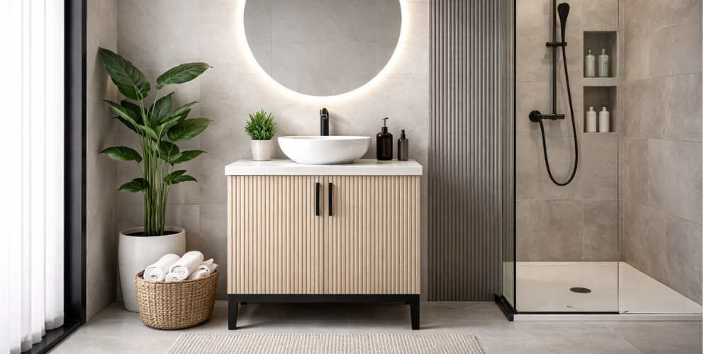 Bathroom with circular backlit mirror, wood vanity, white vessel basin, black tap, glass shower, and PVC wall panelling with plants.