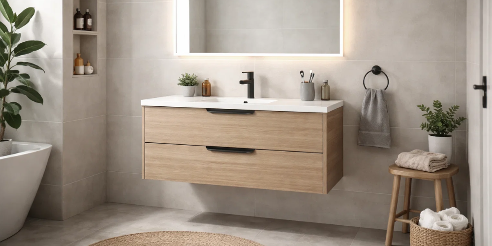 Bathroom with wooden floating vanity, black handles, large mirror, plant, basket, and PVC wall panelling in neutral tones for a warm, minimalist feel.