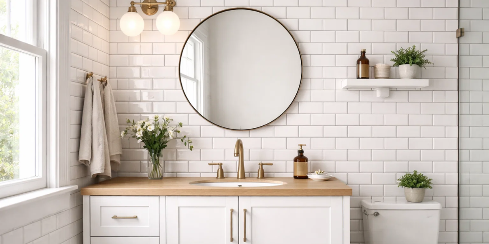 Minimalist bathroom with round mirror, wooden countertop, white cabinets, flowers, amber soap dispenser, and potted plants