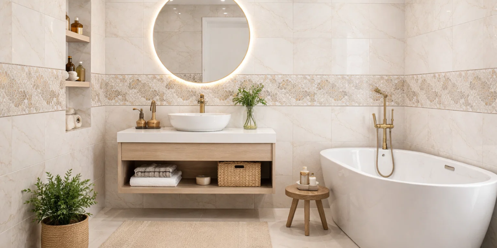 Modern bathroom with circular backlit mirror, wooden vanity, white basin, beige tiles, freestanding bath, and indoor plant