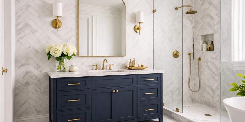 Luxury bathroom with navy vanity, gold accents, marble tiles, glass shower, and floral décor for a refined look