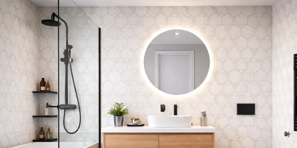 Modern bathroom with hexagonal wall tiles, round backlit mirror, wooden vanity, vessel sink, and dark glass shower fixtures