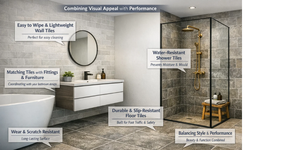 Modern bathroom with grey tiles, circular mirror, freestanding bath, slip-resistant flooring, and water-resistant shower tiles