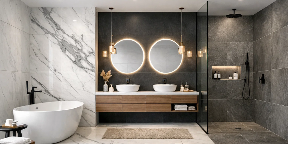 Modern luxury bathroom with white freestanding bath, marble tiles, dual sinks, backlit mirrors, and glass shower enclosure
