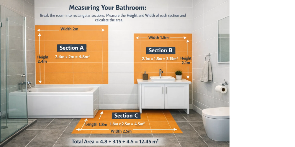 Bathroom layout diagram showing measurement zones above bath, sink, and floor with total tiling area calculation