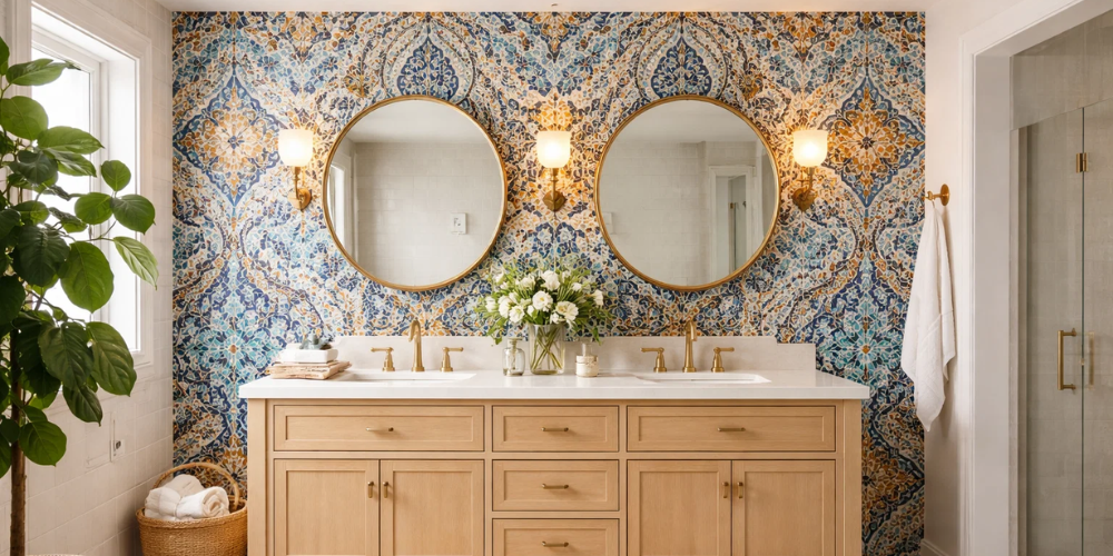 Elegant bathroom with wooden double vanity, white countertop, gold fixtures, round mirrors, and blue patterned feature wall