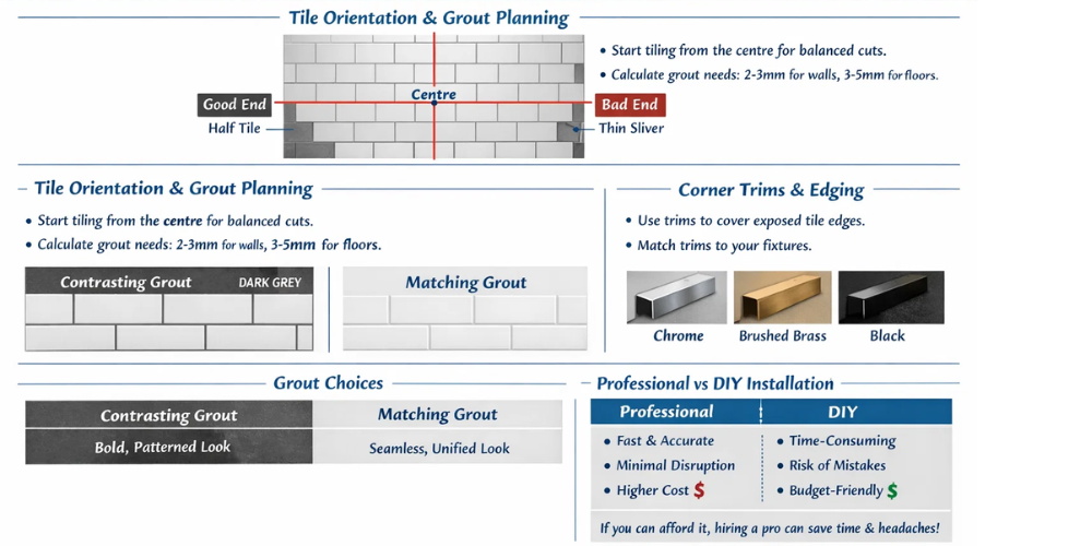 Bathroom tile planning guide showing tile orientation, grout choices, corner trims, and professional vs DIY installation comparison
