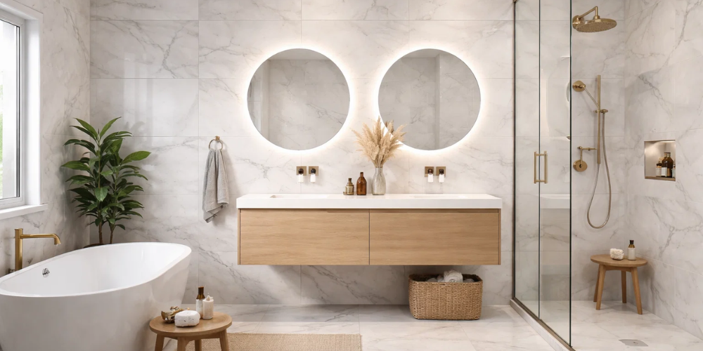 Serene modern bathroom with freestanding bath by window, wooden double vanity, backlit mirrors, glass shower, and greenery