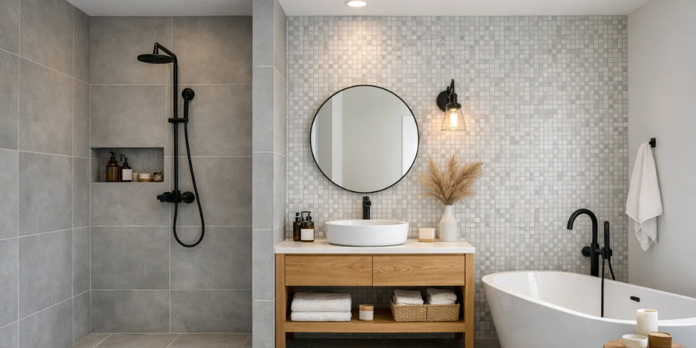 Minimalist modern bathroom with grey tiled shower, wooden vanity, round mirror, freestanding bath, and soft lighting