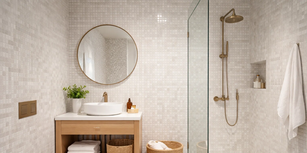 Modern bathroom with circular mirror, wooden vanity, vessel sink, tiled walls, glass shower, and plant for a calm aesthetic