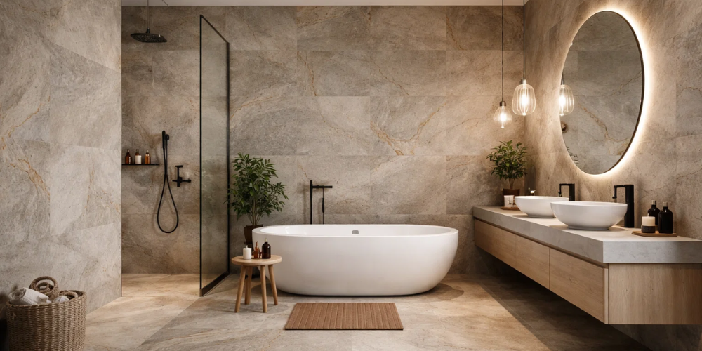 Modern bathroom with freestanding white bathtub, glass shower, floating vanity, circular mirror, and soft ambient lighting