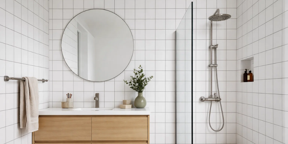 Minimalist modern bathroom with white tiles, frameless glass shower, wood vanity, round mirror, and greenery