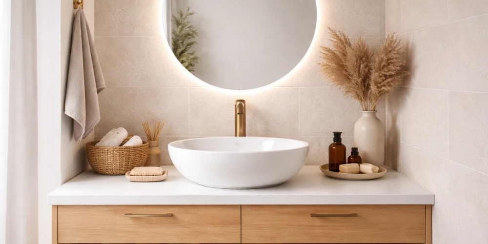 Countertop basin with circular mirror above sink