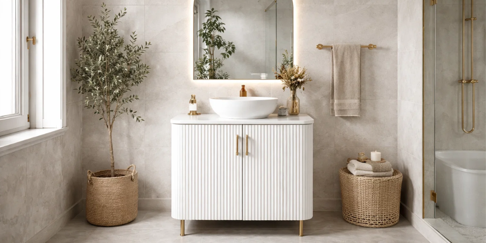 Bathroom with white vanity, round mirror, ceramic basin, and PVC wall panelling, styled with plants, woven baskets, and gold fixtures.