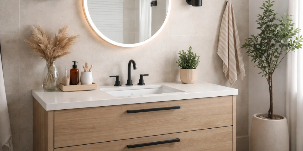 inset sink and vanity unit next to plant and circular mirror