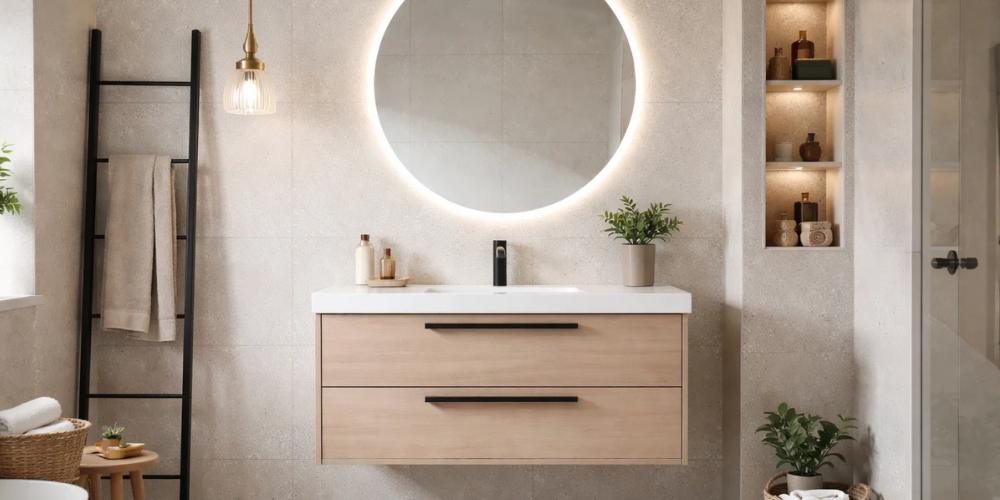 freestanding vanity unit with towel rail and storage