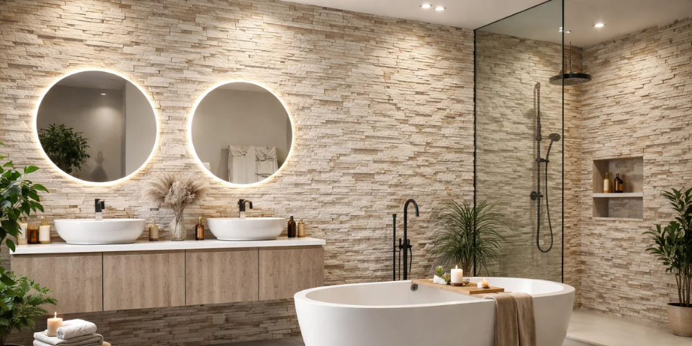 Luxury bathroom with freestanding bath, glowing round mirrors above dual sinks, stone walls, and indoor plants.