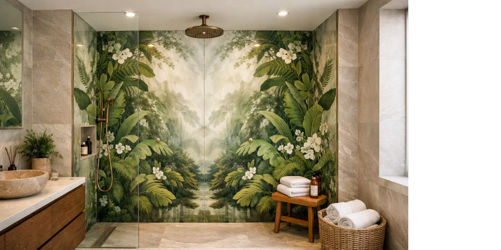 Luxury bathroom with rainforest-themed shower mural, lush green leaf pattern, towel basket, and warm ambient lighting.