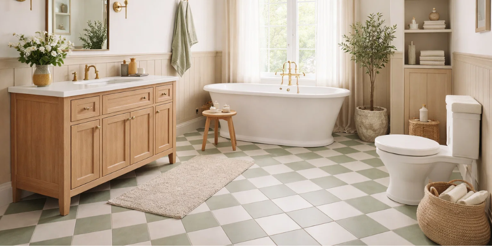 Bright bathroom with checkered tiles, wooden vanity, freestanding bath by large window, and green plant accents.