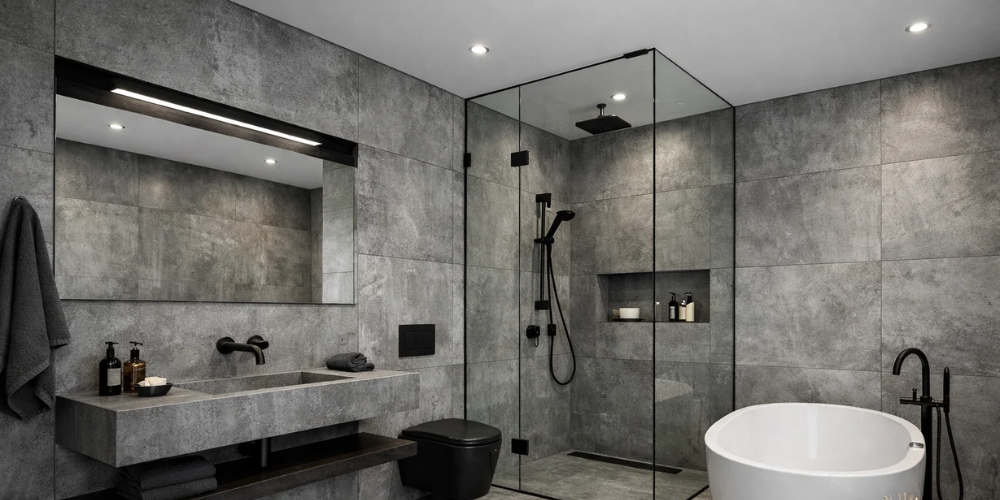 Grey stone tiled bathroom with glass shower, black fixtures, and freestanding white bath in a clean, minimalist layout.