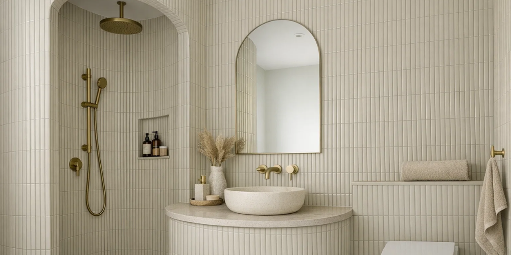Minimalist bathroom with beige vertical tiles, round stone basin, gold fittings, walk-in shower, and arched mirror.