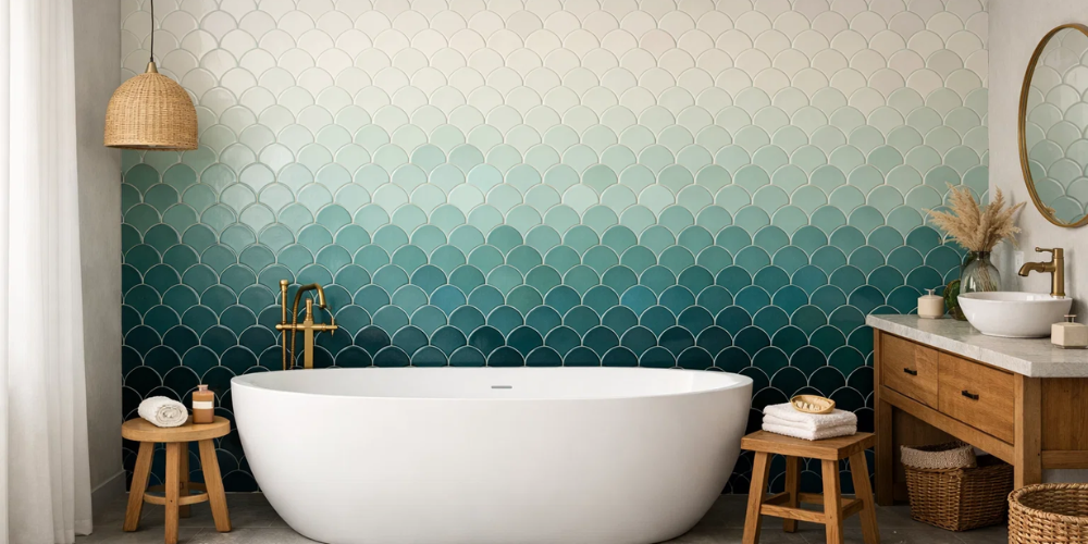 Serene bathroom with white oval bath surrounded by blue-green fish-scale tiles, wooden vanity, round mirror, and basket.