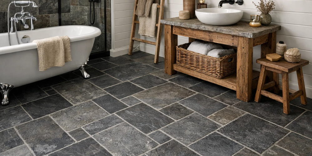Rustic bathroom with clawfoot bath, stone tile flooring, wooden vanity, woven basket, and earthy tones.