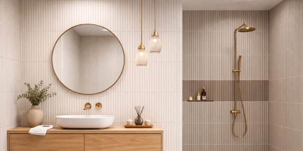 Bathroom with beige tiles, round mirror, wooden vanity, white vessel sink, gold fixtures, pendant lights, and walk-in shower.