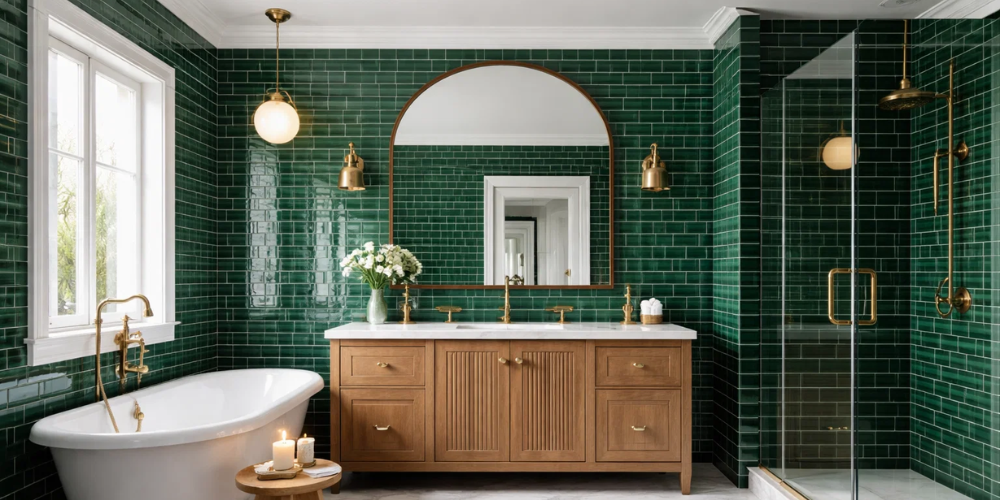 Elegant bathroom with green tiled walls, wood vanity with white worktop, freestanding bath with candles, and glass shower.