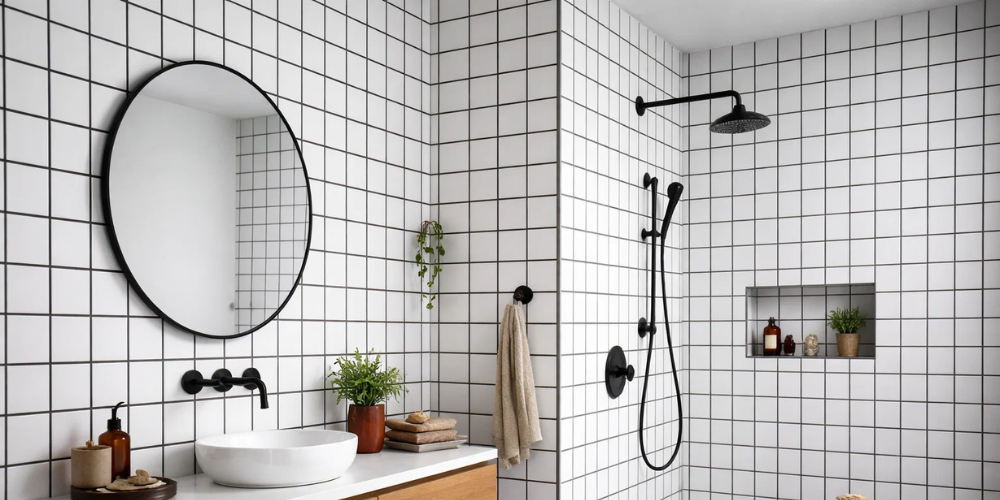 Bathroom with white square tiles, black fixtures, round mirror, vessel sink, potted plants, and black rain showerhead.