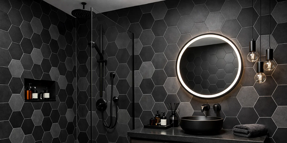 Bathroom with dark hexagonal tiles, round backlit mirror, black fixtures, and pendant lights for a refined finish.