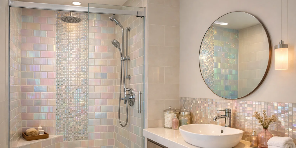 Bathroom with iridescent tiles, glass shower, round mirror, vessel sink, and warm lighting for a calm finish.
