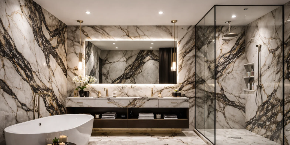 Luxury marble bathroom with freestanding bath, glass shower enclosure, double vanity, and warm feature lighting.