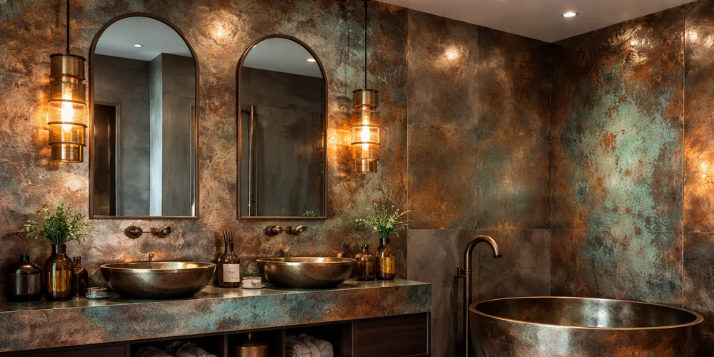 Luxury bathroom with copper and turquoise walls, double vanity with bronze basins, pendant lighting, and freestanding bath.