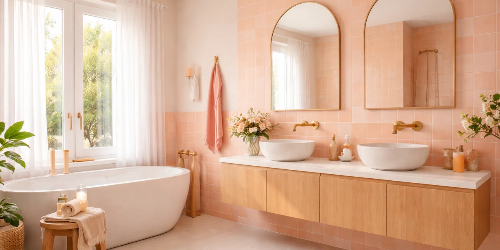 Sunlit bathroom with pink tiles, wooden vanity, dual sinks, and freestanding bath beside large windows.