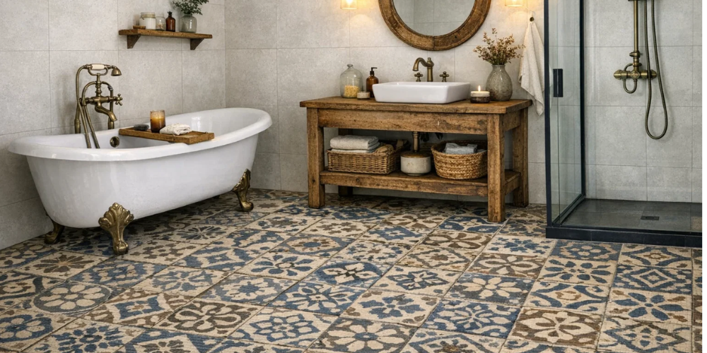 Rustic bathroom with patterned tile floor, freestanding white bath with gold fixtures, wooden vanity, and glass shower.