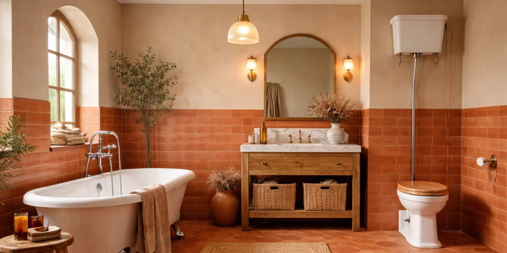 Spacious warm-toned bathroom with white bath and WC, terracotta tiles, wooden vanity, wicker baskets, and plants.